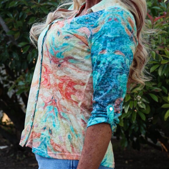 NWT Sparkling Citrus: Long Sleeve Button-Down With Orange Paint Splatter - Picture 3 of 6